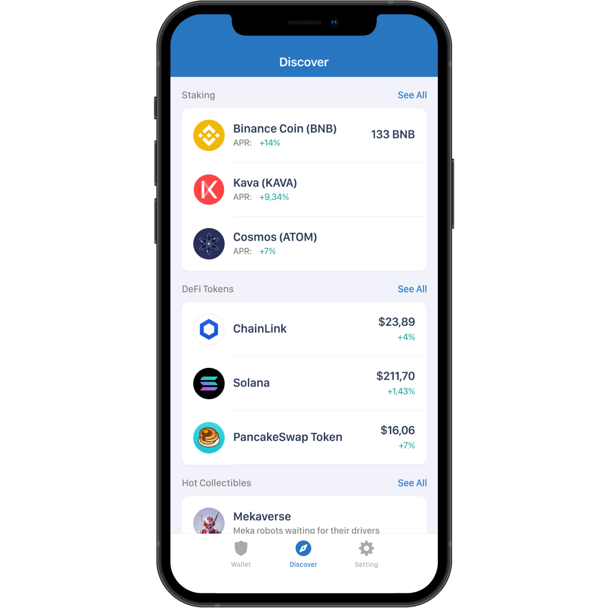 mobile mockup shows how it looks like to stake crypto with multiple pools